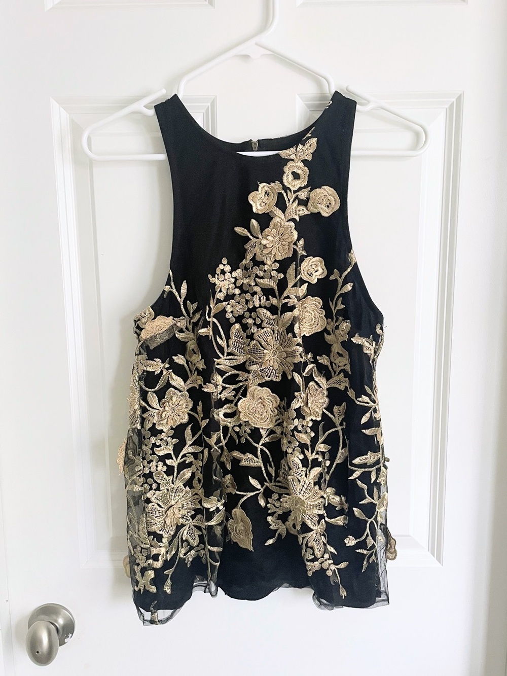 Sunday in Brooklyn Black Tank Top with Gold Floral Embroidery